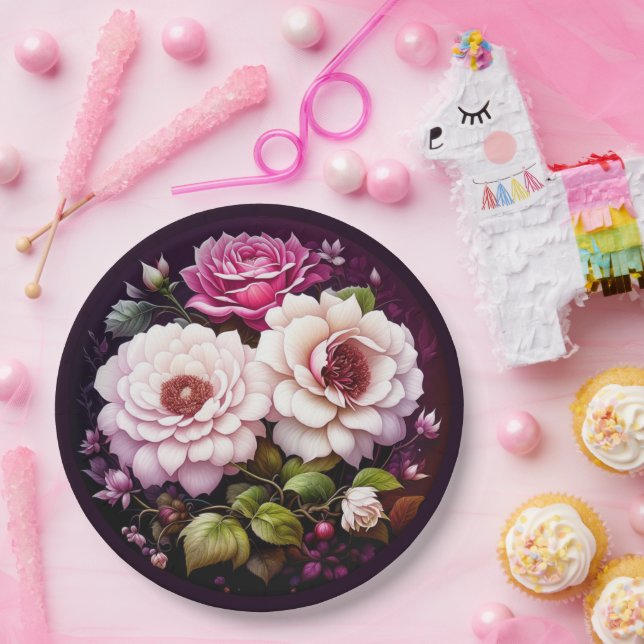 Watercolor Floral Pink and Purple Flowers Paper Plate (Party)