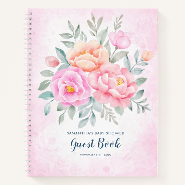 Watercolor Floral Pink Baby Shower Guest Book (Front)