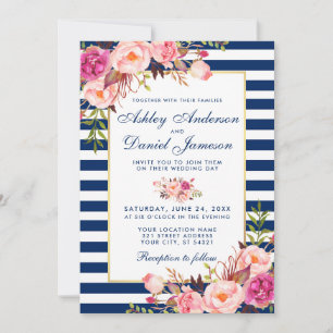 Watercolor Floral Pink Blue Striped Wedding B Invitation