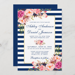 Watercolor Floral Pink Blue Stripes Wedding B Invitation
