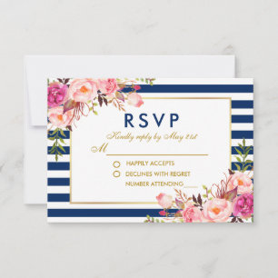 Watercolor Floral Pink Blue Stripes Wedding RSVP Card