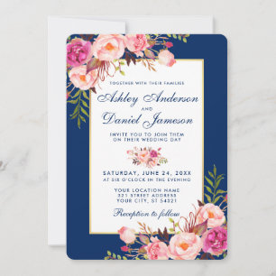 Watercolor Floral Pink Blue Wedding B Invitation