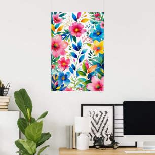 Watercolor Floral – Pink Blue Yellow Flowers Poster