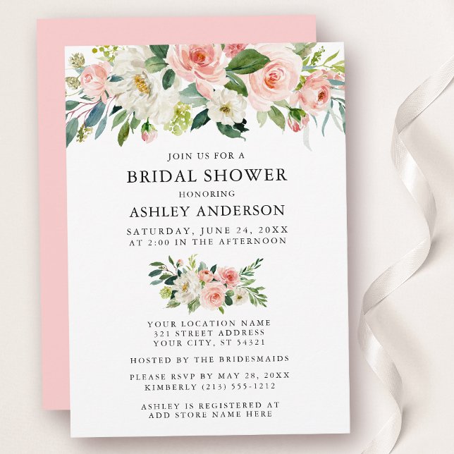 Watercolor Floral Pink Blush Bridal Shower Elegant Invitation (Customize to change text color, text style or color of back of card.)