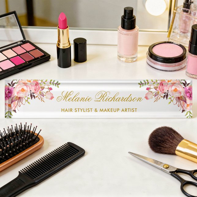 Watercolor Floral Pink Blush Gold Nameplate (Customize to change text size, style or text color.)