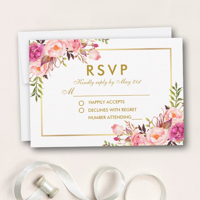 Watercolor Floral Pink Blush Gold RSVP Wedding Card (Customize to change size, style or text color.)