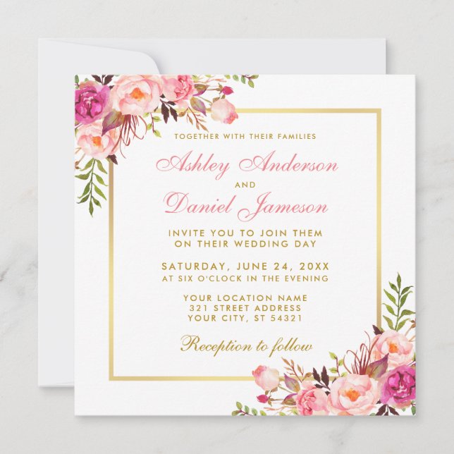Watercolor Floral Pink Blush Gold Wedding Card Sq (Front)