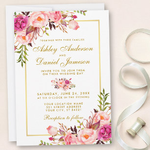 Watercolor Floral Pink Blush Gold Wedding Invitation