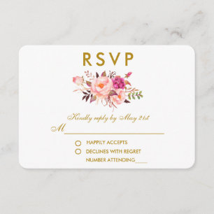 Watercolor Floral Pink Blush Gold Wedding RSVP Card