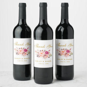 Watercolor Floral Pink Blush Gold Wedding Wine Label
