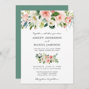 Watercolor Floral Pink Blush Greenery Wedding Invitation