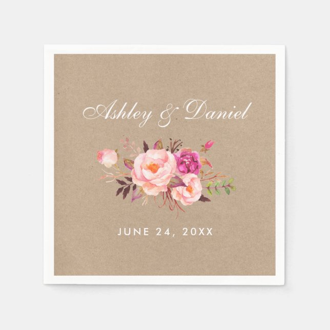Watercolor Floral Pink Blush Kraft Wedding Napkin (Front)