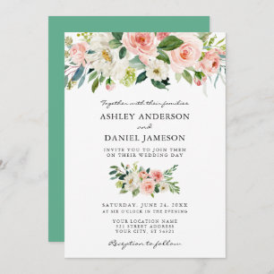 Watercolor Floral Pink Blush Neo Mint Wedding Invitation