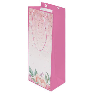 Watercolor Floral Pink  Blush Pink Sparkle Glitter Wine Gift Bag