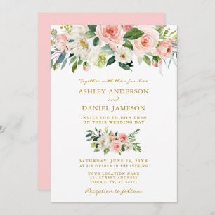 Watercolor Floral Pink Blush Wedding Gold Invitation