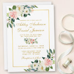 Watercolor Floral Pink Blush White Gold Wedding Invitation<br><div class="desc">Watercolor Floral Pink Blush White Gold Wedding Invitation Card</div>