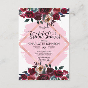 Watercolor Floral Pink Burgundy Plum Bridal Shower Invitation