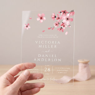 Watercolor Floral Pink Cherry Blossom Wedding Acrylic Invitations
