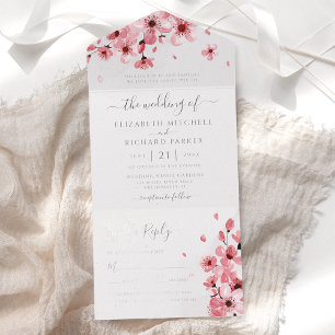 Watercolor Floral Pink Cherry Blossom Wedding All In One Invitation