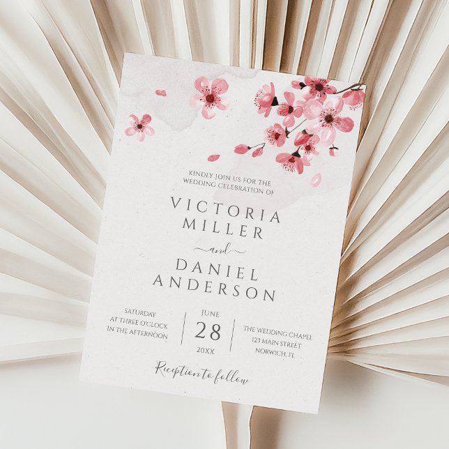 Watercolor Floral Pink Cherry Blossom Wedding Invitation (Creator Uploaded)