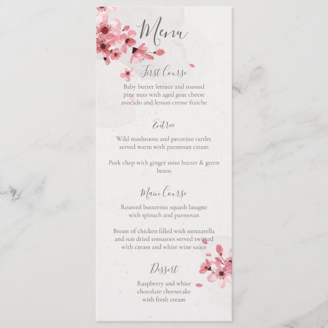 Watercolor Floral Pink Cherry Blossom Wedding Menu (Front)
