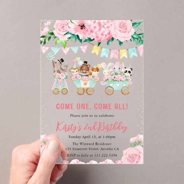 Watercolor Floral Pink Circus Animals Birthday Acrylic Invitations (Insitu (Handheld))
