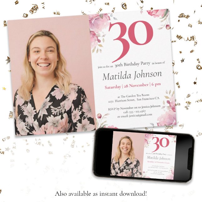 Watercolor Floral Pink Custom Photo 30th Birthday  Invitation (Photo 30th Birthday Watercolor Floral Pink Custom Invitation)