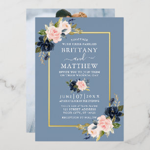 Watercolor Floral Pink Dusty Blue Photo Gold