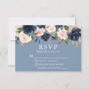 Watercolor Floral Pink Dusty Blue Wedding RSVP Card