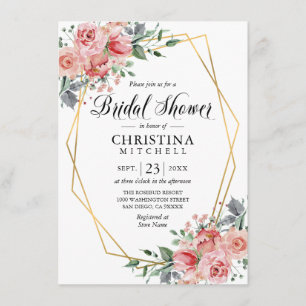 Watercolor Floral Pink Dusty Rose Bridal Shower Invitation