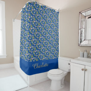 Watercolor floral pink elegant deep blue name  shower curtain