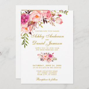 Watercolor Floral Pink Gold Photo Wedding Invitation