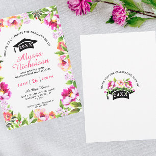 Watercolor Floral Pink Grad Party Invitation