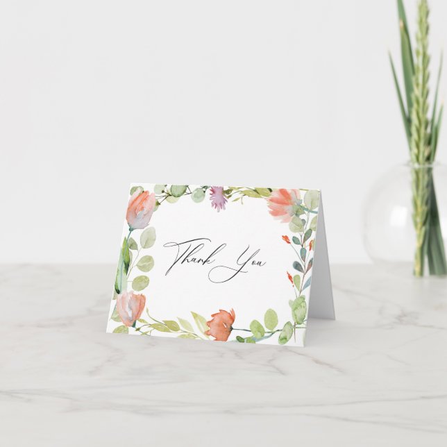 Watercolor Floral Pink Green Bridal Shower Thank You Card (Front)