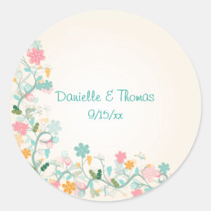 Watercolor Floral Pink Green Turquoise Wedding Classic Round Sticker