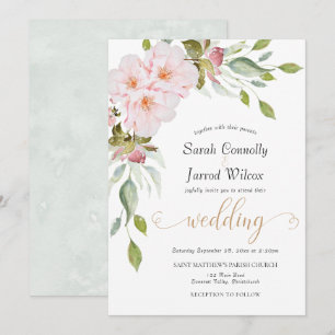 Watercolor Floral Pink Green Wedding Invitation