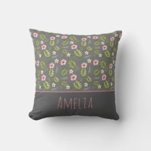 Watercolor floral pink grey pattern name cushion