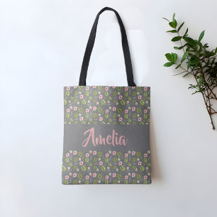 Watercolor floral pink grey pattern tote bag