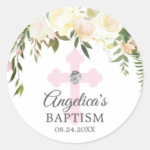 Watercolor Floral Pink Ivory Baptism Christening Classic Round Sticker