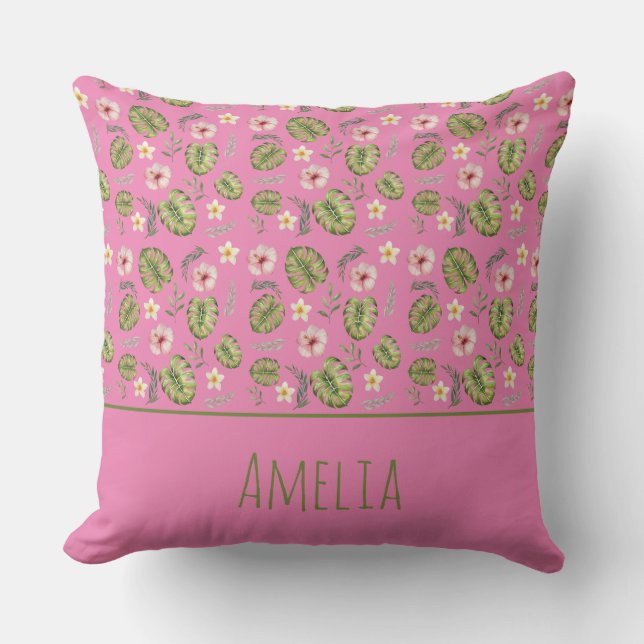 Watercolor floral pink kid name throw pillow (Front)