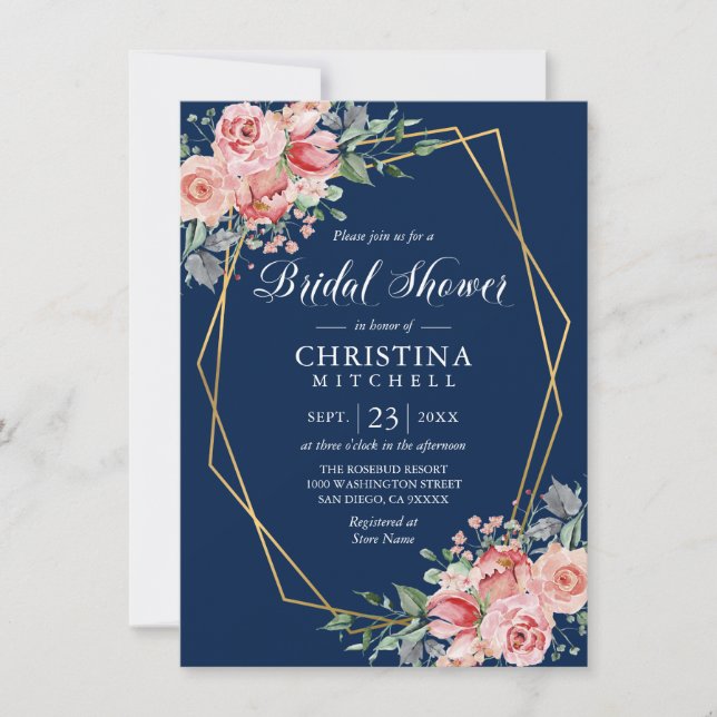 Watercolor Floral Pink Navy Blue Bridal Shower Invitation (Front)