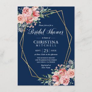 Watercolor Floral Pink Navy Blue Bridal Shower Invitation
