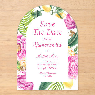 Watercolor Floral Pink Peonies Tulips Quinceañera Acrylic Invitations