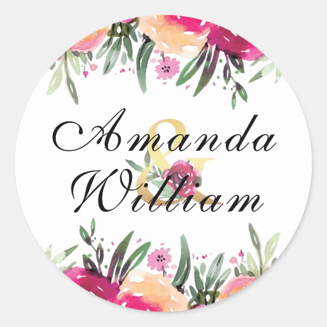 Watercolor Floral Pink  Personalised Wedding Classic Round Sticker (Front)