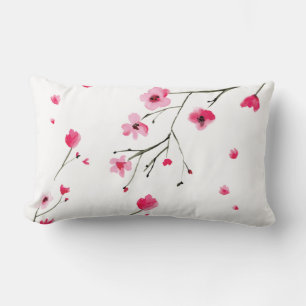 Watercolor Floral Pink Red Cherry Blossoms Lumbar Cushion