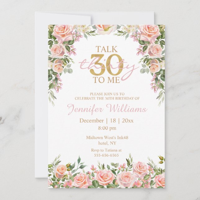 watercolor floral pink roses 30th birthday gold invitation (Front)