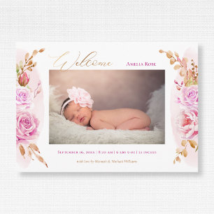 Watercolor Floral Pink Roses Baby Girl Photo Birth Announcement