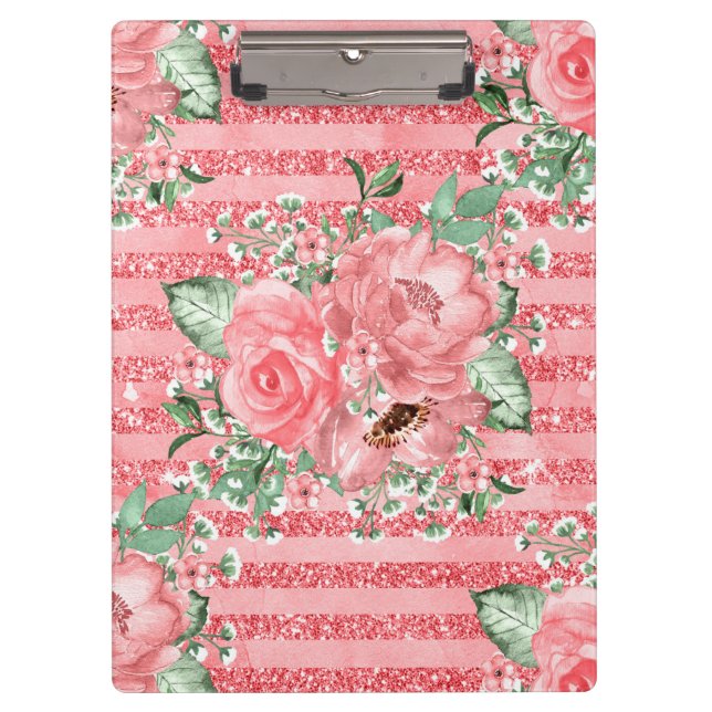 Watercolor Floral Pink Roses & Glitter Stripes Clipboard (Front)
