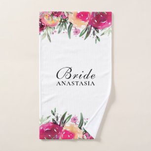 Watercolor Floral Pink Wedding Bride Hand Towel