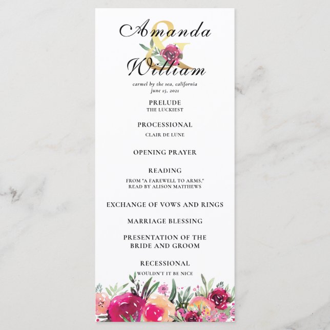 Watercolor Floral Pink Wedding Ceremony Program (Front)